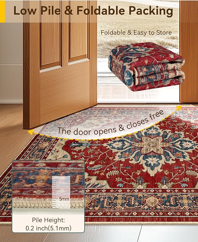 RELEANY Area Rugs Square 4ft Washable Non-Slip, Floral Vintage Distress Medallion Carpet for Living Room Bedroom Dining Room, Red Blue