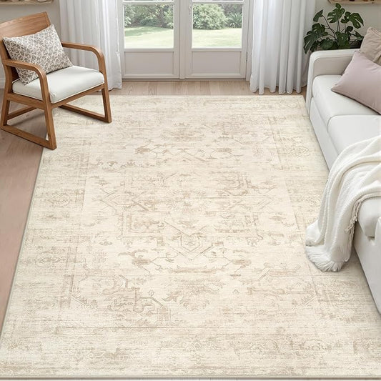 3x5 Area Rugs for Living Room: Vintage Boho Neutral Washable Rug Indoor Soft Large Area Rug Carpet for Bedroom Nursery Farmhouse Dining Room Office Floor Non-Slip Low Pile Under Table Rug Beige/Brown