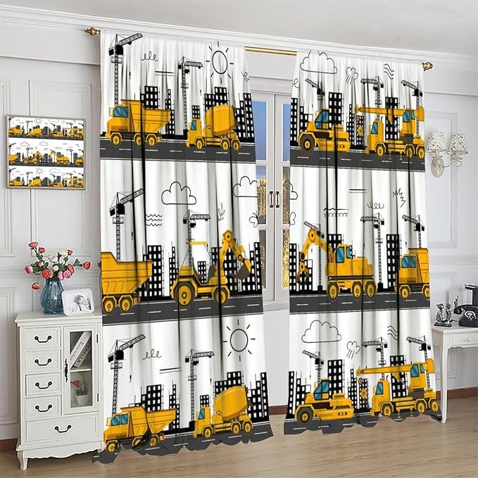 Construction Truck Blackout Curtain,for Kids Boys Girls Room Cartoon Tractor Excavator Yellow Cars Curtains Living Room Kitchen Cafe Bedroom Office Nursery Drapes,72x63 in