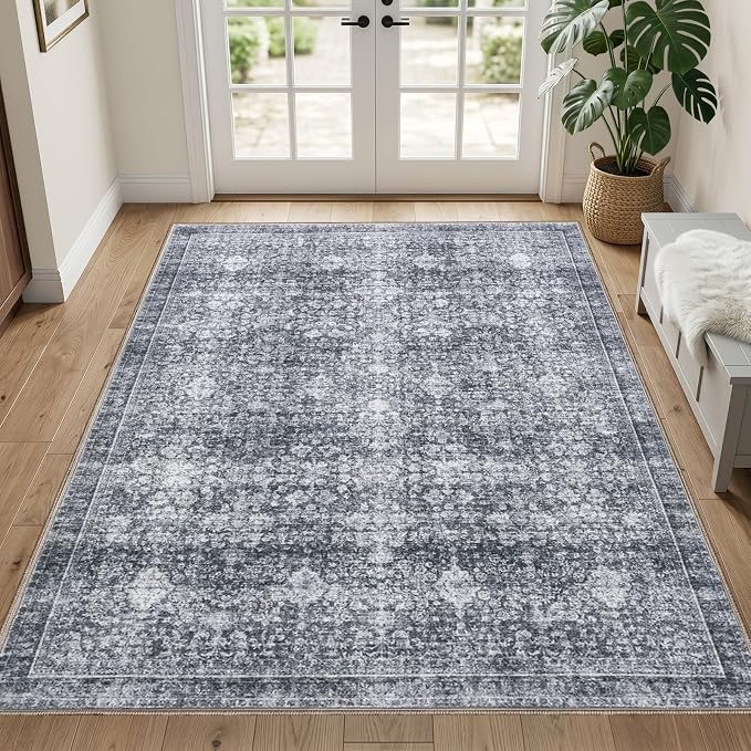 Sasttie 3x5 Rug, Ultra-Soft Washable Rug, Low Pile Foldable Thin Carpets with Non-Slip Backing, Skin-Friendly Stain Resistant Carpet for Living Room, Bedroom, Kitchen, Dorm, 3x5, Black Grey
