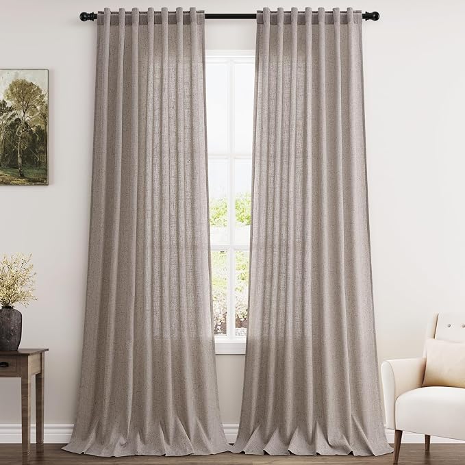 Extra Long Brownish Grey Curtain 108 Inches Long 2 Panels Set Back Tab Linen Drapes for Living Room Neutral Farmhouse Light Filtering Semi Sheer Linen Curtains 108 Inch Length for Large Window 9 FT