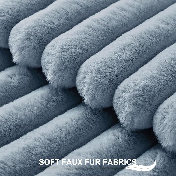 Pallene Faux Fur Plush Throw Pillow Covers 24x24 Set of 2, Luxury Soft Fluffy Striped Decorative Pillow Covers for Sofa, Couch, Living Room, Blue Grey