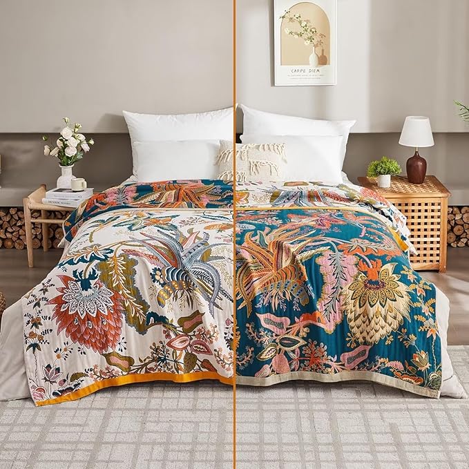 Boho Throw Blanket Farmhouse Decor Throw Blanket Bohemian Blanket for Bed 100% Cotton Muslin Woven Couch Blanket All Seasons Quilt Bedroom (Beige, 50"x60")