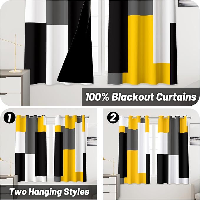 Tyrot Yellow 100% Blackout Curtains 45 inch Length 2 Panels Set Black White Grey Modern Abstract Geometric Drapes for Kitchen Black Out Curtains Insulated Room Darkening Small Window Curtains, 52Wx45L