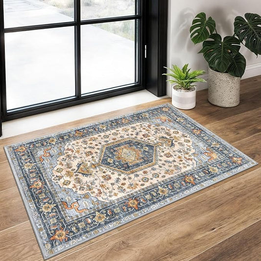 KUTA Vintage Entryway Rugs Indoor Ivory Blue Washable Rug 2x3 Non-Slip Soft Printed Floral Medallion Doormat Small Accent Farmhouse Kitchen Throw Carpet for Entrance and Bedroom