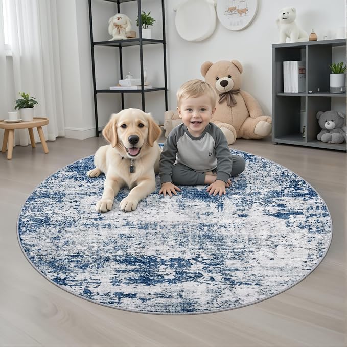 Round Area Rug for Living Room: 5 ft Washable Modern Abstract Soft Thin Rug Indoor Floor No Slip Stain Resistant Carpet for Bedroom Dining Room Farmhouse Nursery Home Office - Blue