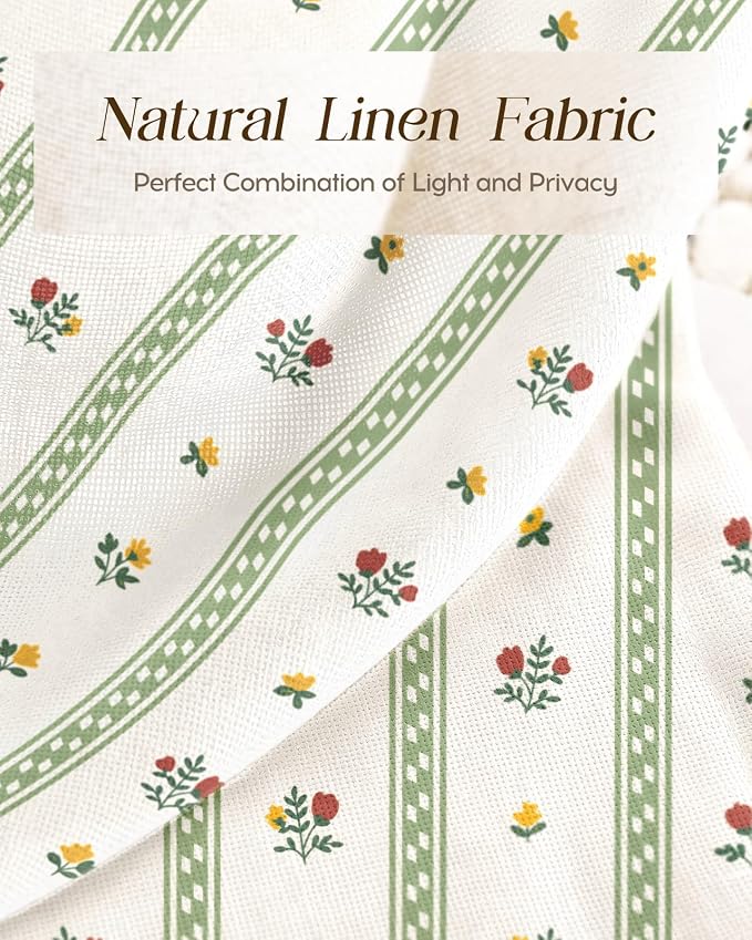 Miss Adola Farmhouse Kitchen Tier Curtains - 36 Inch Length Linen Blend Floral Cafe Curtains Green Stripe Small Window Treatment Over Sink Rod Pocket for Bathroom Living Room Light Filtering, 2 Panels