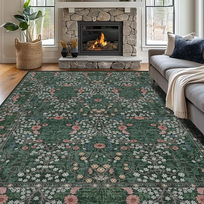 Area Rug for Living Room, 10x12 Large Washable Rugs for Dining Room, Bedroom, Non Slip Stain Resistant Carpet, Low Pile Vintage Floral Rug (Green)