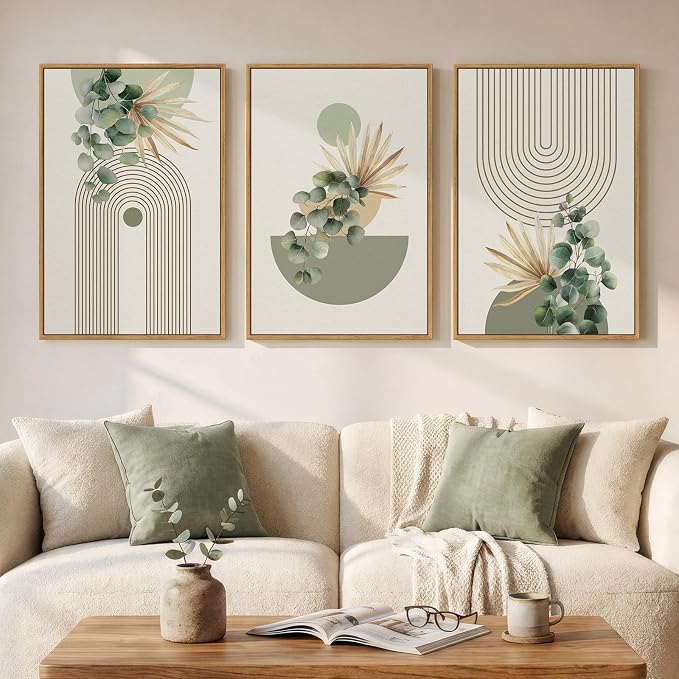 Framed Green Boho Wall Art for Living Room, 3 Piece Bohemian Botanical Canvas Painting Prints, Modern Geometric Eucalyptus Leaf Large Pictures for Bedroom Dining Room Office Wall Decor, 16x24 Inch