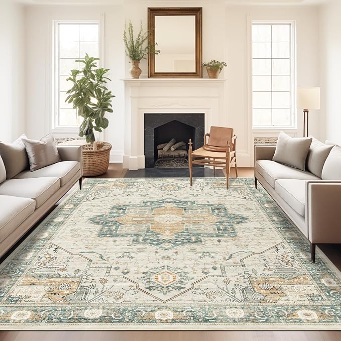 Roxstand 6x9 Washable Area Rug, Low Pile Non Slip Rug, Green/Grey | Large Area Rug, Non-slip Backing, Super-Soft Floral Vintage, Low Pile, For Living Room, Bedroom, Dining Room, Office