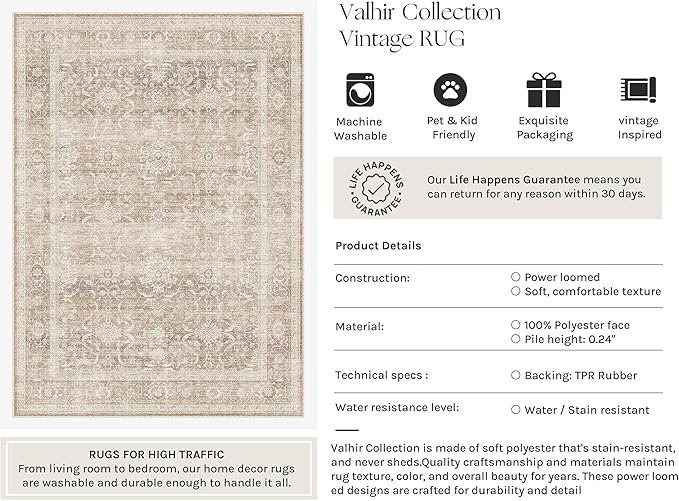 HUGEAR 8x10 Area Rugs Machine Washable Retro Beige Living Room Bedroom Rug Distressed Vintage Neutral Stain Resistant Non Slip Low Pile Large Throw Carpet for Home Aesthetic Decor