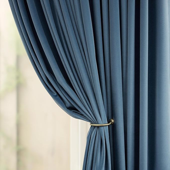 Dusty Blue Velvet Curtains 84 Inch Length 2 Panel Set for Living Room Modern Luxury Textured Thermal Darkening Long Drape Blocking Light Stone Blue Curtain for Bedroom Country Farmhouse Decor Back Tab