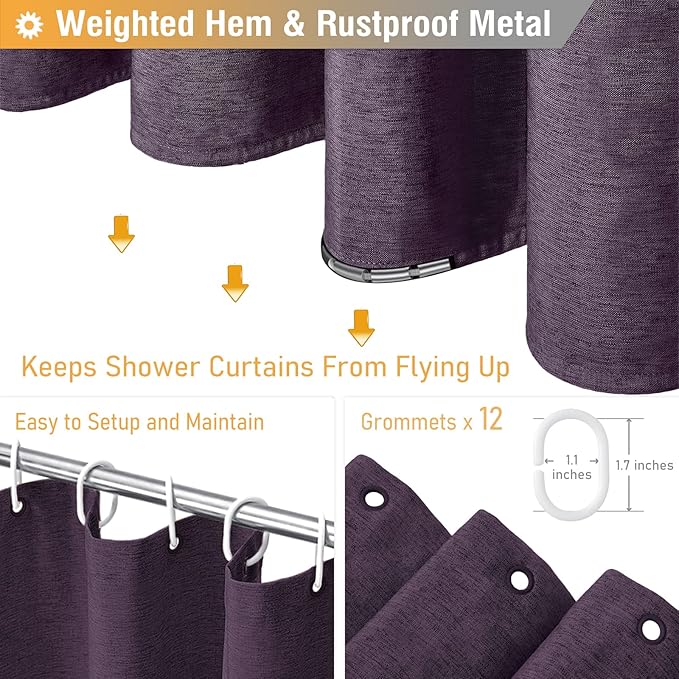 BTTN 78 Inch Long Shower Curtain, Linen Textured Thick Weighted Fabric Shower Curtain Set with 12 Hooks, Tall Hotel Neutral Heavy Duty Waterproof Polyester Shower Curtains for Bathroom, 72x78, Purple