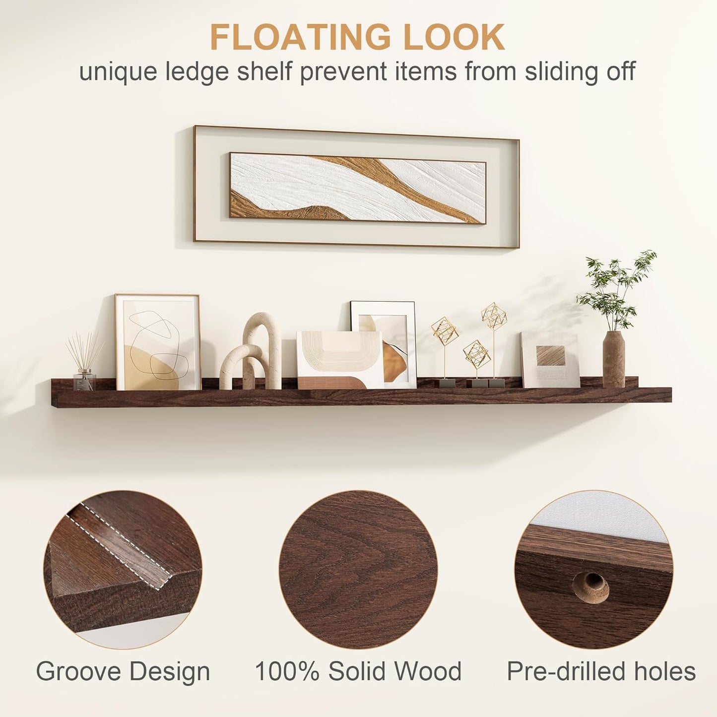 Floating Picture Ledge Shelves 36 Inch Solid Oak Wood Set of 2, Rustic Wall Storage Shelves with Lip, Kids Bookshelf, Photo & Picture Ledge Shelves for Bedroom, Living Room, Kitchen