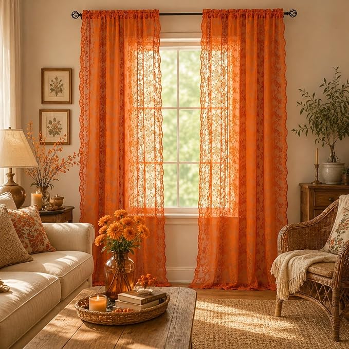 YJ YANJUN Lace Curtains 80 Inches Long, Burnt Orange Sheer Curtain Panels | Rustic Bohemian Floral Pattern, Light Filtering, Boho Autumn Fall Decor for Living Room Bedroom Closet, 2 Panels 52W x 80L