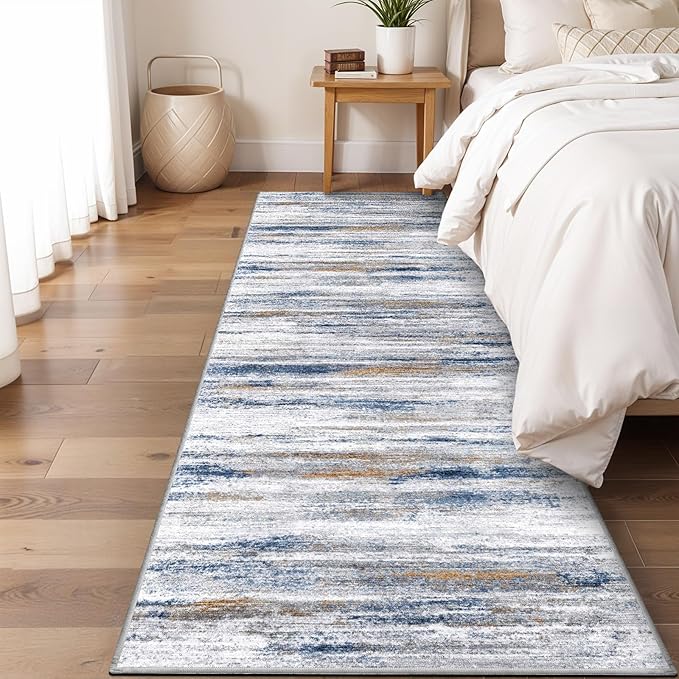 3x8 Washable Runner Rug for Family: Easy-to-Clean Runners for Hallway Entryway Kitchen Bedroom - Stain and Water Resistant Rugs with Non-Slip Backing - Soft Low-Pile Carpet Navy Grey