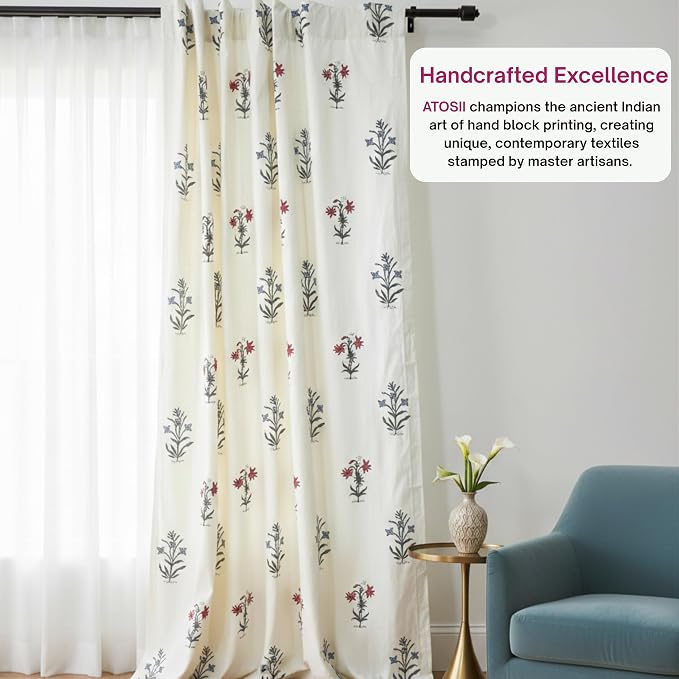 ATOSII 100% Cotton Single Panel Block Print Curtain, Easy Hanging with Rod Pocket & Loop, Living Room, Dining Room, Bedroom Light Filtering Boho Curtains, Set of 1, 60" W X 96" L, Tamra