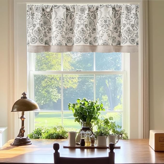 jinchan Linen Valance Kitchen Curtain for Windows Double Layer 16 Inch for Living Room Bedroom Window Treatment Light Filtering Vintage Rustic Farmhouse Cottagecore Rod Pocket 1 Panel Grey on Beige