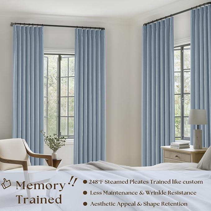 Dusty Blue Black Out Curtains 63 Inch Long for Bedroom Pinch Pleated with Rings Hooks Back Tab Thermal Insulated Short Linen Blackout Drapes Farmhouse Living Room Darkening Kitchen Curtains Grey Blue