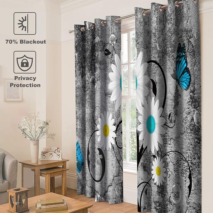 Jekeno Floral Blackout Curtains White Wild Chrysanthemum Flower Butterfly Home Bedroom Living Room Decor Plant Theme Darkening Grommet Window Drapes 2 Panel Set, 52"x63"