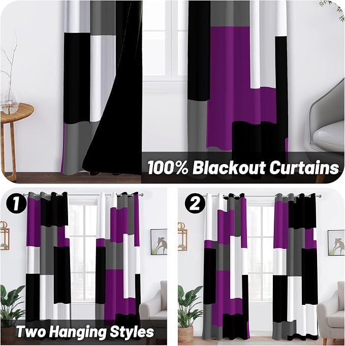 Tyrot Purple 100% Blackout Curtains for Bedroom 72 inch Length 2 Panels Set Grey Modern Abstract Geometric Black Out Curtains Insulated Room Darkening Window Drapes for Living Room, 52Wx72L