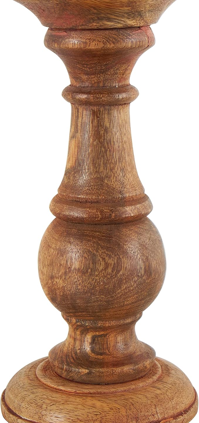 Deco 79 Mango Wood Candle Holders, Set of 3, 10", 8", 6"H, Brown | Decorative turned style pillar candle stand, candlestick holder