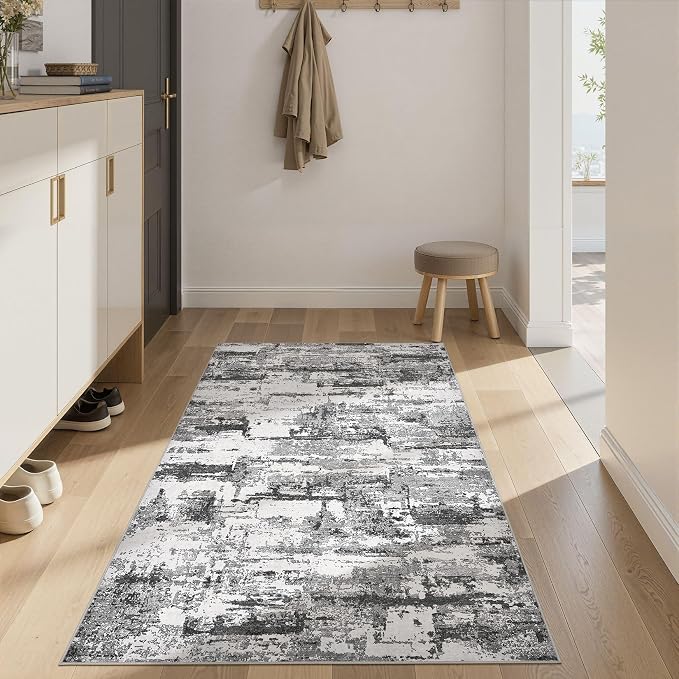Hallway Washable Runner Rug: 3x5 Abstract Modern Soft Stain Resistant Non-Slip Backing Runner for for Entryway Kitchen Laundry Living Bathroom - Black Grey