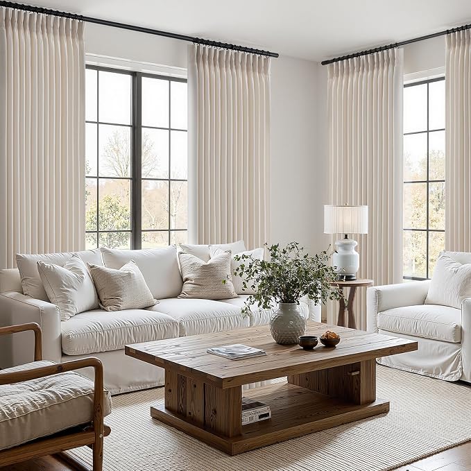 Ivory Beige Pinch Pleated Linen Curtains 84 Inch Length 2 Panels for Bedroom Living Room Textured Semi Sheer Window Curtain Boho Neutral Back Tab Pinch Pleat Drape with Hooks 84 Inches Long