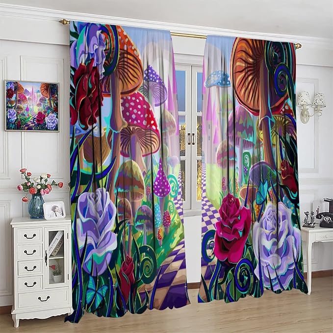 Fantasy Mushroom Curtains,Fairytale Forest Plant Castle Print Window Treatments for Bedroom Living Room Kitchen Colorful Cartoon Floral Window Drapes 2 Panels Set,Total Size55 x 63 Inch