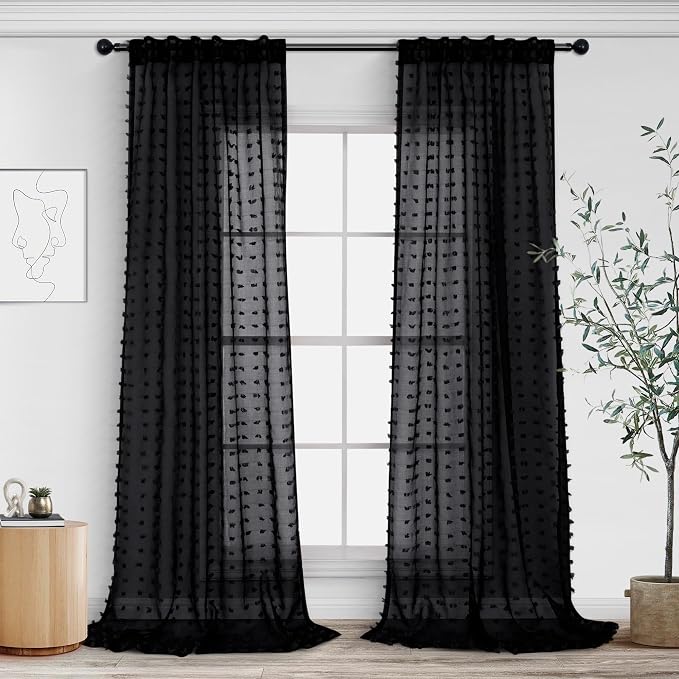 108 Inches Long Black Sheer Curtain Panels for Living Room Decor Back Tab Rod Pocket Luxury Elegant Pom Pom Tufted Floral Textured Boho Semi Sheer Curtains for Patio Hallway High Ceiling to Floor 9ft