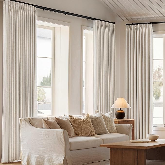 Pinch Pleated Curtains 95 Inch Long 100% Blackout Thermal Insulated Natural Linen Pinch Pleat Viral Drapes with Hooks Rings 2 Panel Sets Back Tab Window Curtains, 40" Wx95 L