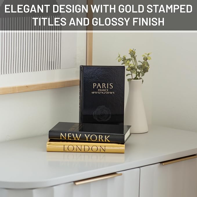 Decorative Books for Home Decor – Decorative Hardcover Display Faux Books for Bookshelf – Black and Gold Foiled Decor Books for Coffee Table – Fashion Designer Books Decor Set of 3 (Black and Gold)