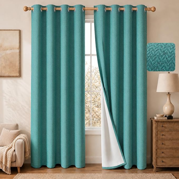 2 Panels 100% Blackout Linen-Textured Curtains, Thick Thermal Insulated Grommet Drapes with Subtle Herringbone Weave, Luxury Decor for Bedroom/Living Room, 54 x 108 Inches, Teal