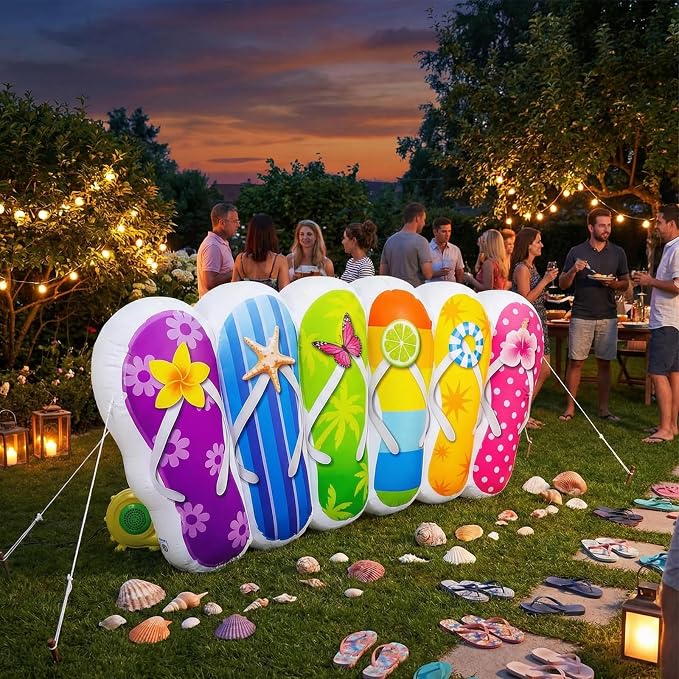 VIHOSE 5 FT Summer Inflatable Flip Flop Blow Up Slipper with Built in LED Lights Oversized Party Decoration for Pool Beach Lawn Yard Hawaiian Luau Tropical