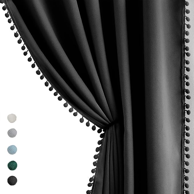 Sliding Door Curtains Black with Pom Poms 100% Full Blackout Curtain Panels for Living Room Bedroom Room Divider Energy Efficient Extra Wide Window Drapes Grommet Top 100"W x 84"L 1 Panel