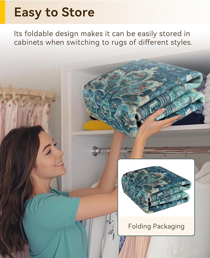 RELEANY Area Rugs Round 4ft Washable Non-Slip, Floral Vintage Distress Medallion Carpet for Living Room Bedroom Dining Room, Teal Green Lake Blue Turquoise