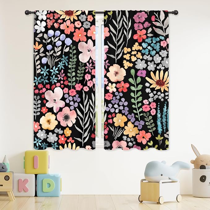 Riyidecor Black Floral Curtains Cute Boho Wildflower Watercolor Flower Blossom Plant Leaves Herbs Rod Pocket Natural Botanical Girls Bedroom Living Room Treatment Fabric 2 Panels 42Wx63H Inch