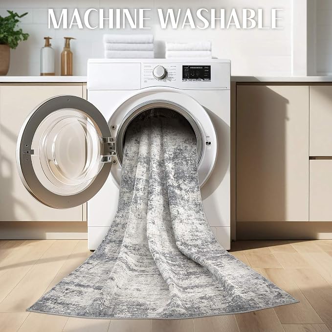 Abstract 8x11 Area Rug: Machine Washable Non Slip Ultra Thin Low-Pile Carpet, Soft Stain Resistant for Living Dining Room Bedroom, Kid Pet Friendly, Robot Vacuum Compatible - Dark Grey/Beige