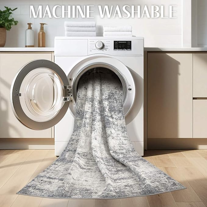 Abstract 10x14 Area Rug: Machine Washable Non Slip Ultra Thin Low-Pile Carpet, Soft Stain Resistant for Living Dining Room Bedroom, Kid Pet Friendly, Robot Vacuum Compatible - Grey Beige