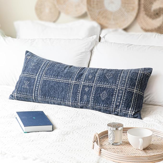 BlissBlush Decorative Lumbar Pillow Cover 14x36, Long Decorative Throw Pillow for Bed, Blue Boho Textured Chenille Accent Pillowcase for Bedroom Home Décor (Cover Only)