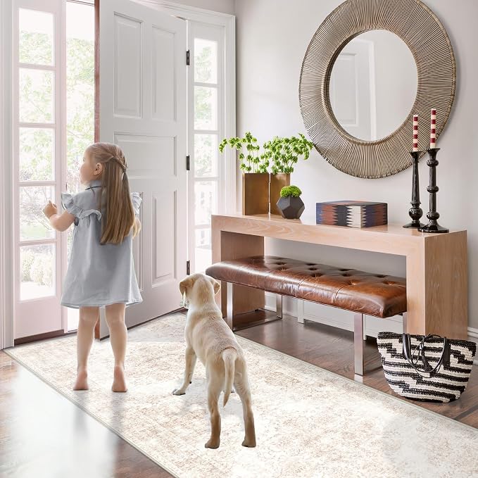 Area Rug 2x6 Runner Rug: Washable Vintage Hallway Rugs Indoor Medallion Rug Low Pile Distressed Floor Carpet Retro Accent Rugs for Kitchen Bedroom Bathroom Dining Room(Retro Beige, 2'x6')
