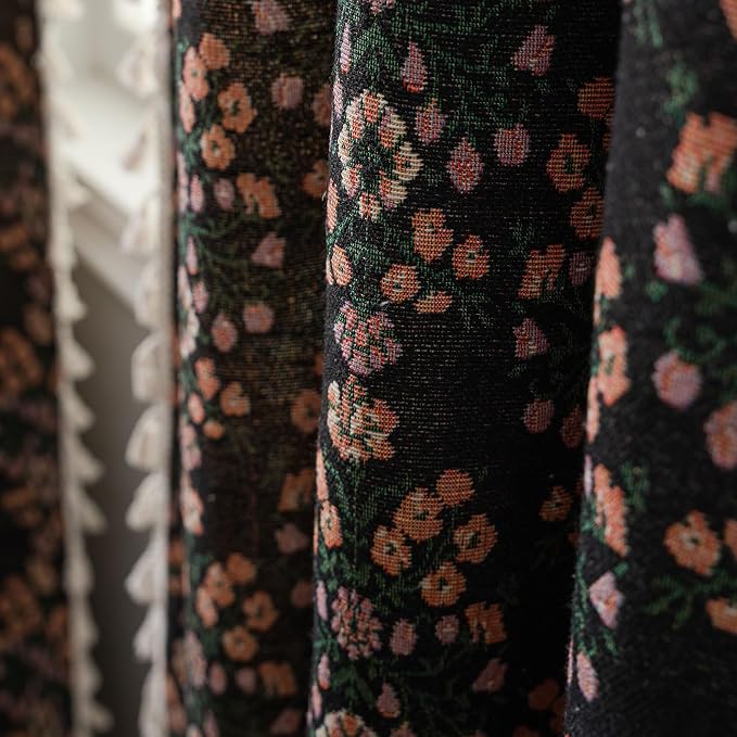 ENJOYBRIDAL Floral Curtains 84 Inch Length 2 Panels Boho Jacquard Drapes Black Cottagecore Living Room Semi Sheer Window Curtain Panels Farmhouse Bedroom Chic Decor Rod Pocket Tassel Window Treatments