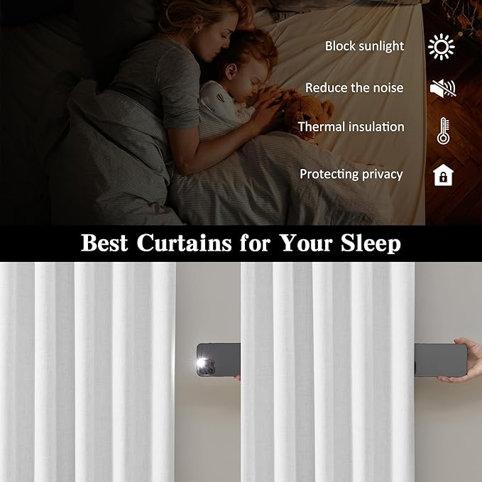 RAIN CITY Snow White Blackout Curtains 100 Inches Long Modern Rustic Textured Back Tab Grey Backing Window Hook Draperies for Bedroom Living Room 2 Panels 50 inch Wide 100 Length