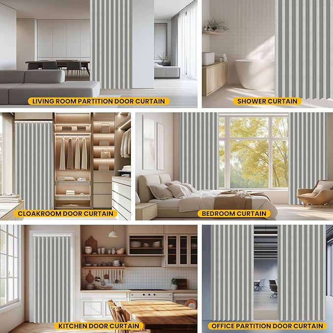AJAZZ Set: Curtain Rods No Drilling (38-53" W Adjustable Range) & Accordion Door Curtain, Grey 53W×78" L, Accordion Doors for Closet Doorway Room Divider