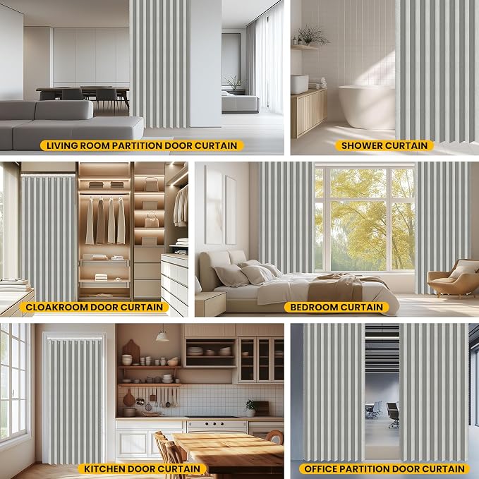 AJAZZ Set: Curtain Rods No Drilling (28-39" W Adjustable Range) & Accordion Door Curtain Grey 42W×78" L, Accordion Doors for Closet Doorway Room Divider