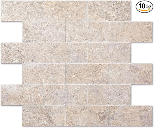 2026 New Upgrade Peel and Stick Backsplash Tile, Peel and Stick 11.34" X 11.57" Wall Tile for Kitchen, Bathroom, Fireplace, Laundry (Beige Stone Rocks, 10 Packs)