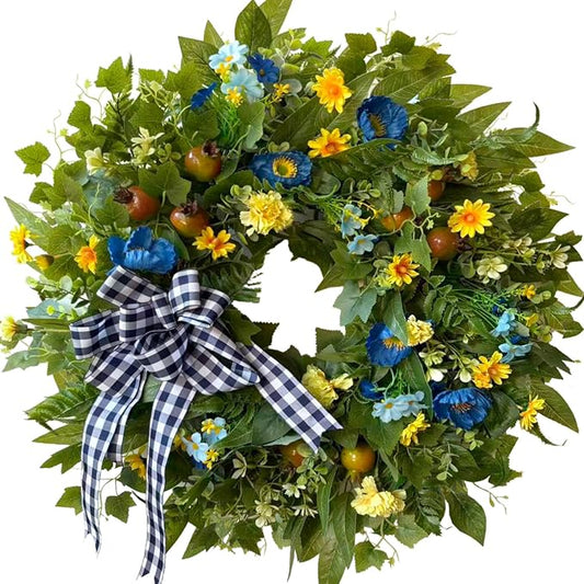 WANNA-CUL 24 Inch Blue Yellow Summer Wreath for Front Door All Season Decor | Blue Yellow Floral Wreath with Pomegranates and Daisies, 24-inch, Indoor Outdoor Farmhouse Decor for Spring Summer Fall