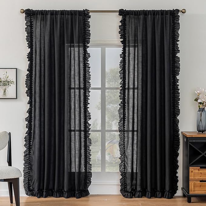 TERLYTEX Black Linen Curtains 96 Inches Long 2 Panels, 58 x 96 Inch, Farmhouse Ruffled Curtains for Living Room Rod Pocket Privacy Light Filtering Semi Sheer Cottagecore Flowy Ruffle Window Drapes