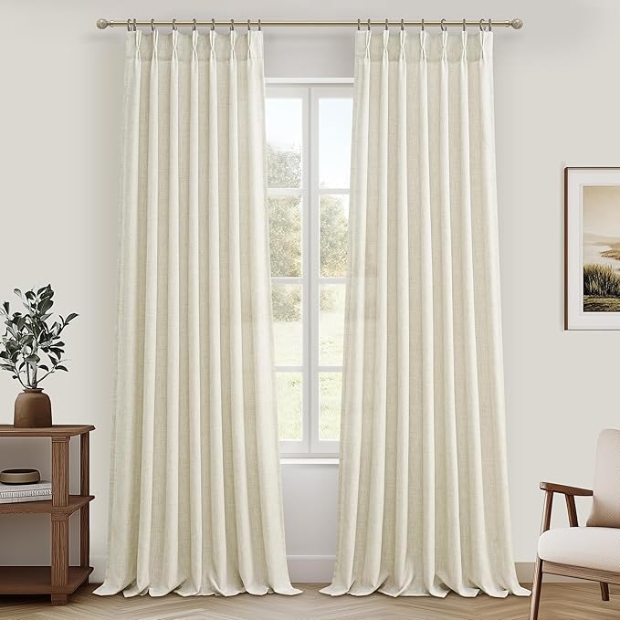 Pinch Pleated Natural Linen Semi Sheer Viral Curtains 94 Inches Long 2 Panels Set for Nursery, Memory Trained Cream Beige Light Filtering Privacy 94-96 Inch Length Country Windows Curtain & Drapes
