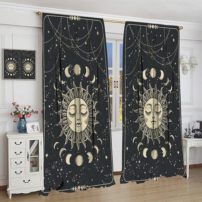 Sun Moon Blackout Curtains, Sun Moon Phases Stars Magic Bohemian Golden Mystical Window Treatment Drapes for Bedroom Living Room 63" W X 63" L